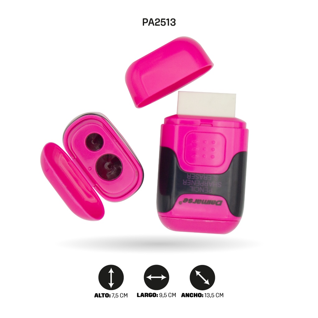 SACAPUNTAS DOBLE CON BORRADOR COLOR NEÓN DISPLAY X12 UNDDMS-855 [PAC4874]