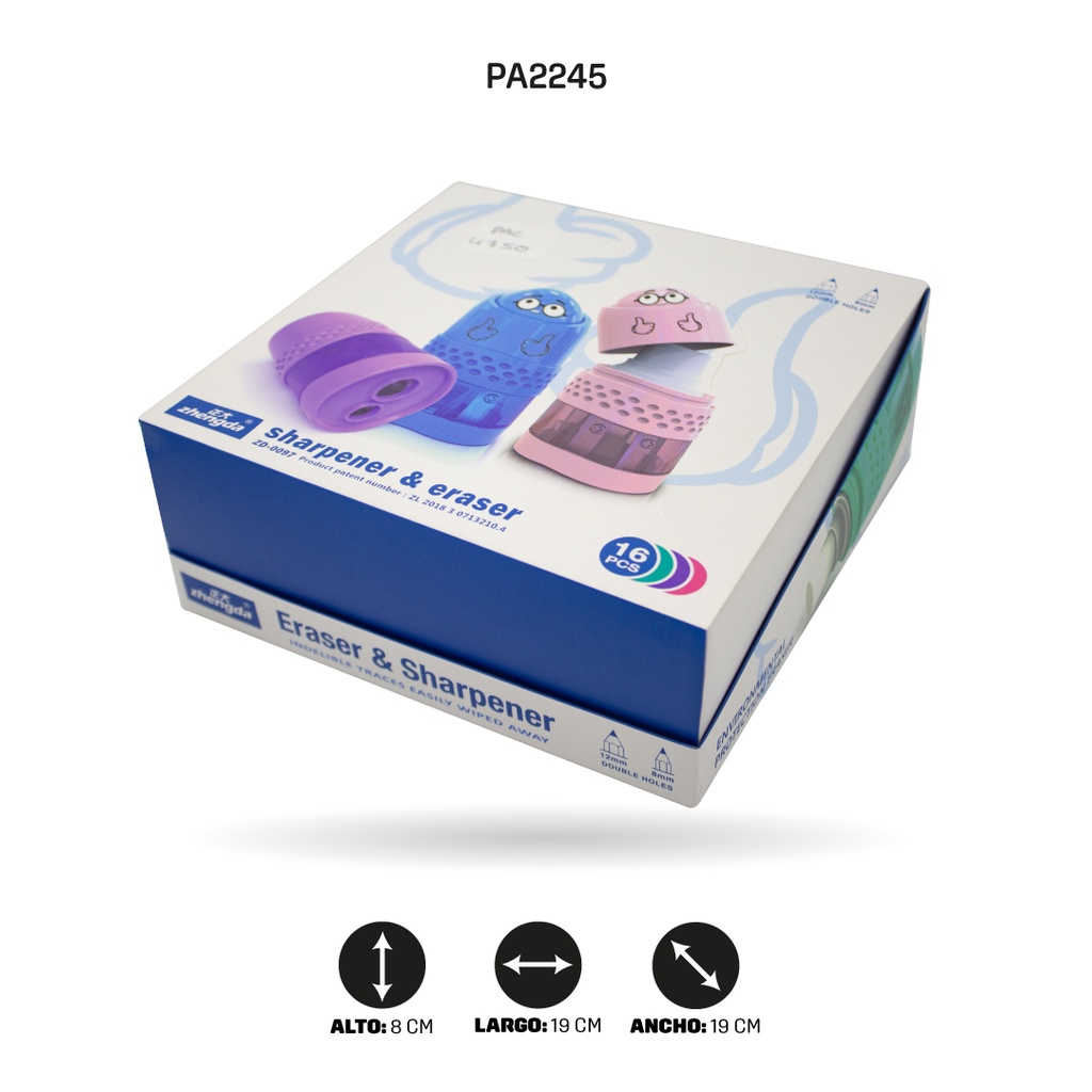 SACAPUNTAS CON BORRADOR DE CARITAS, 4 MOTIVOS ZD-0097 SONRISA DISP X 16 [PAC4750]