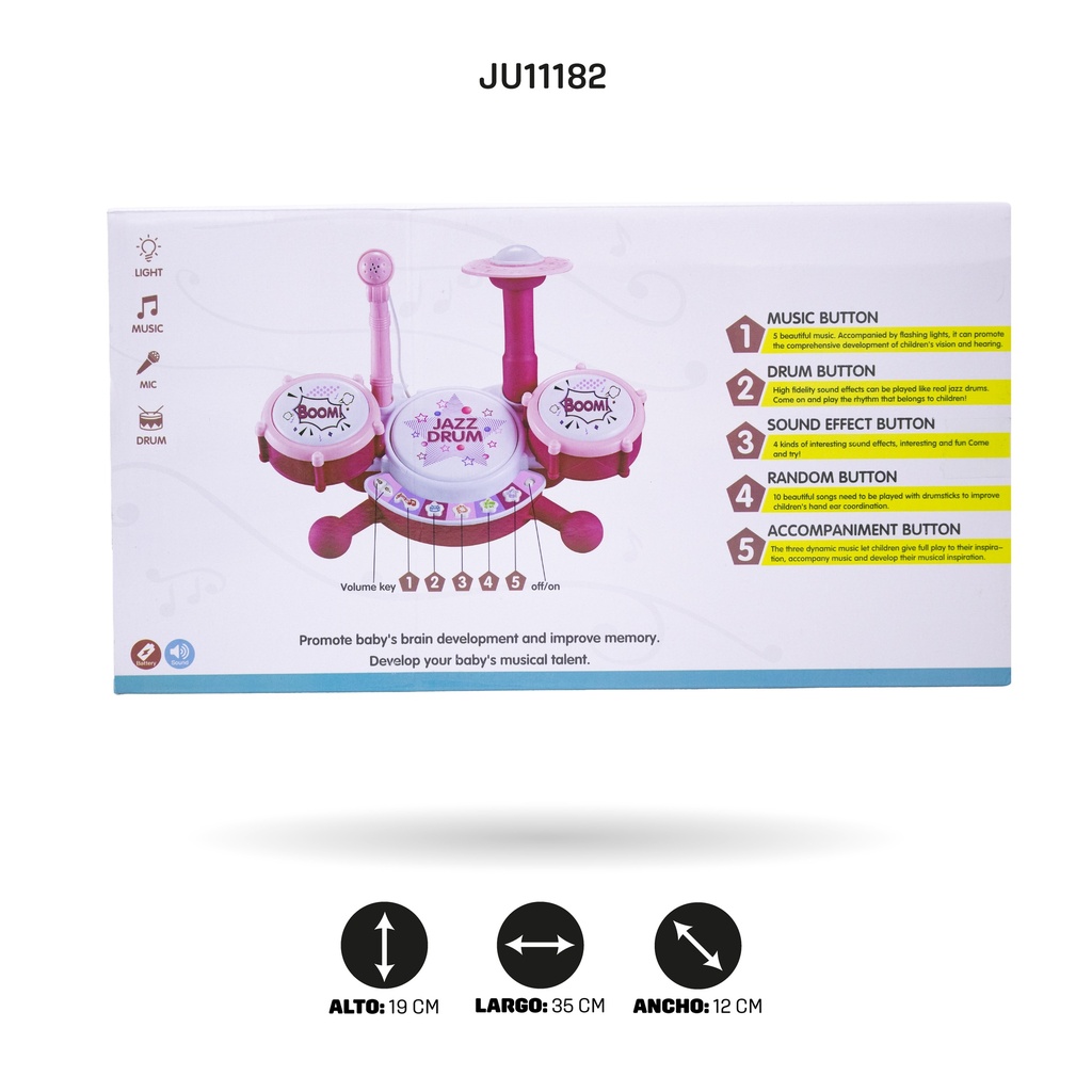 JUEGO DE BATERÍA PARA NIÑOS CON BAQUETAS Y MICRÓFONO [660-92M]