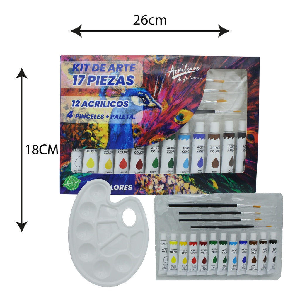 KIT DE ARTE AHROYAL 17 PIEZAS 12ACRILICO +4PINCELES [PAC3487]