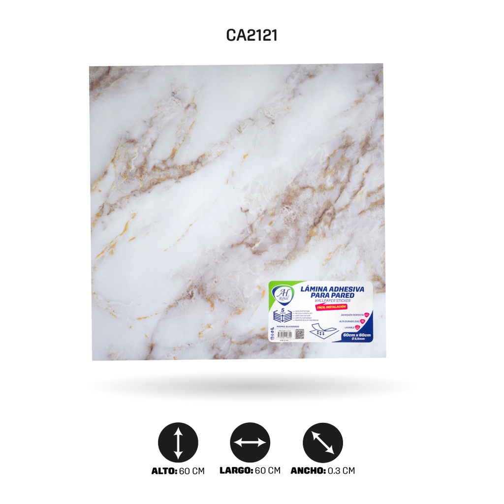 LAMINA ADHESIVA PARA PARED MÁRMOL BLANCO DORADO X10 UND 60CM FC7021 [PAC5461]