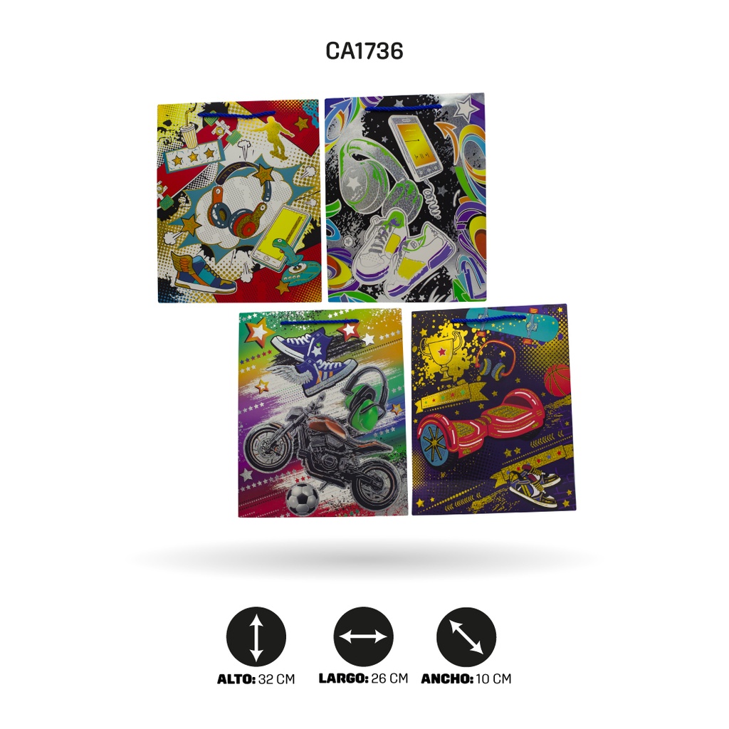 BOLSA REGALO 3D, SKATE URBAN DISPLAY X12 UND 26x32x10cm 210 grs YM-1951-M MOTO [PAC5149]