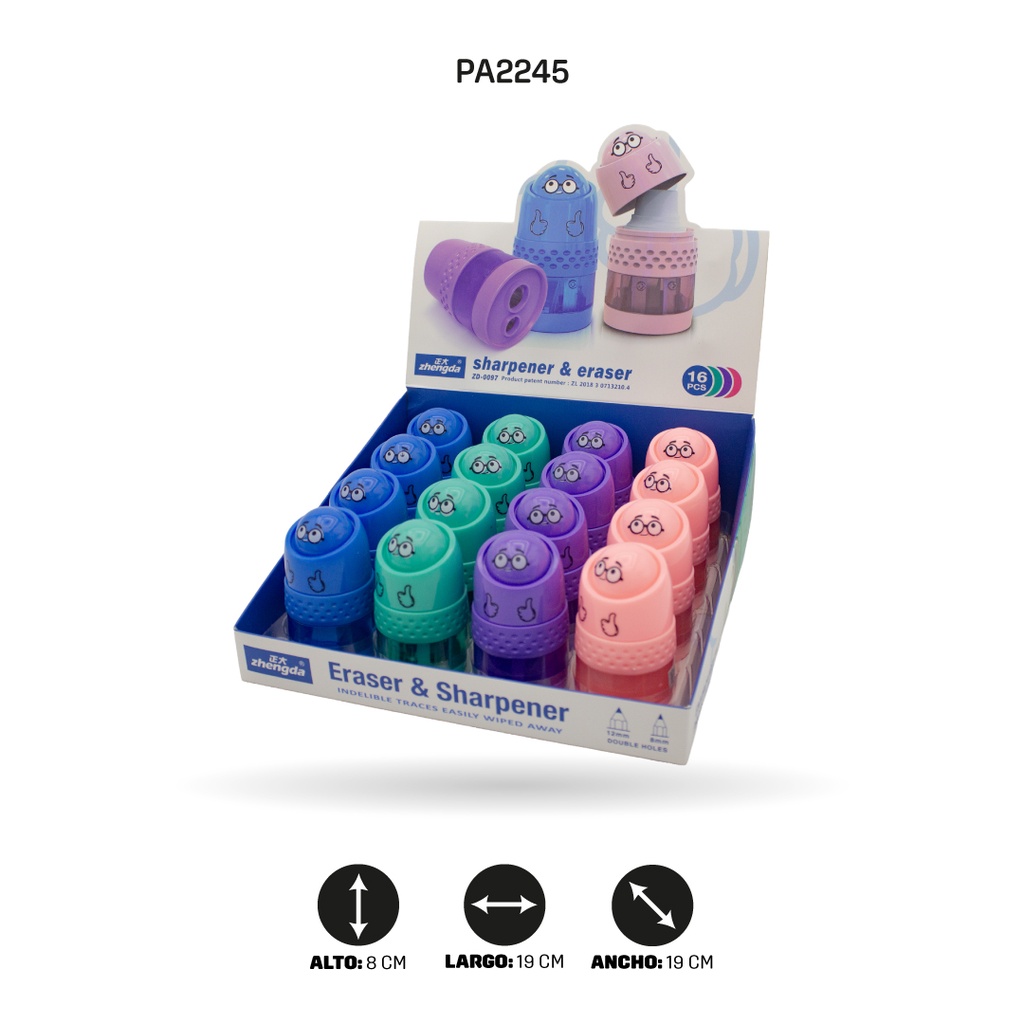 SACAPUNTAS CON BORRADOR DE CARITAS, 4 MOTIVOS ZD-0097 SONRISA DISP X 16 [PAC4750]
