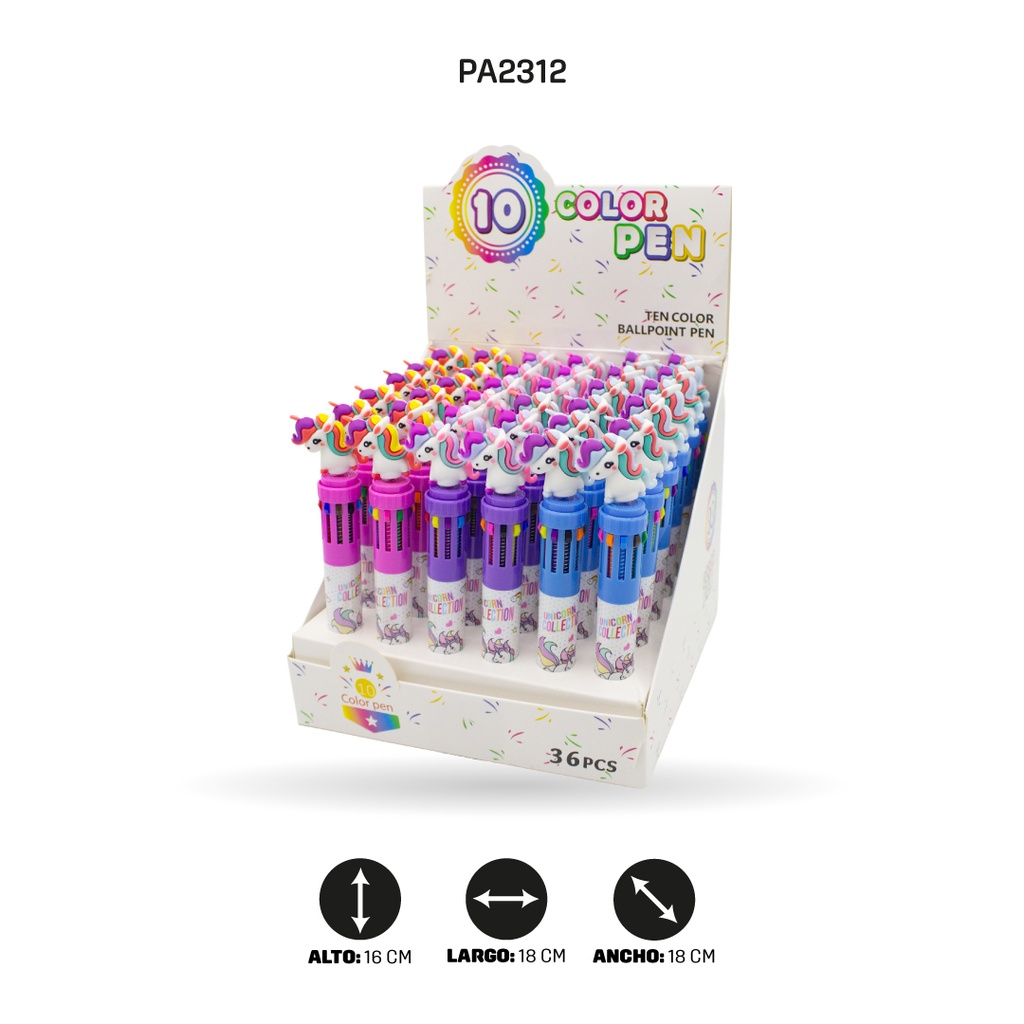 BOLIGRAFO DE UNICORNIO MINA DE 10 COLORES QM-910 DISPLEY X36 UND [PAC4580]