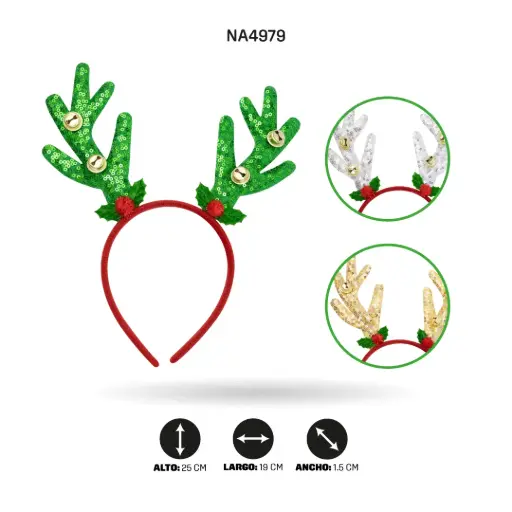 [NA4979] DIADEMA DE NAVIDAD CON ASTAS Y CASCABEL -3 BOX/12 [PAC4942]