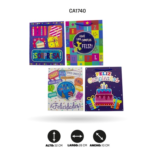 [CA1740] BOLSA REGALO 3D FELIZ CUMPLEAÑOS SORPRESA DISPLAY X12 UND  26x32x10cm 210grs YM-2017-M [PAC5153]