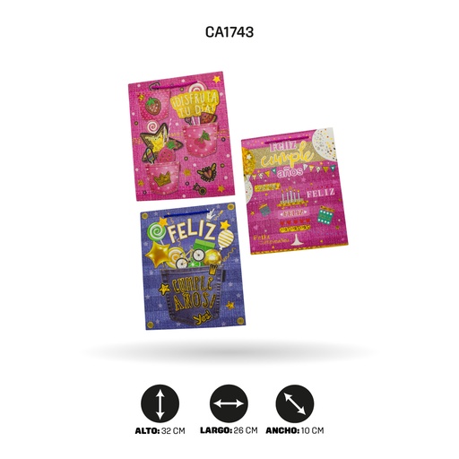 [CA1743] BOLSA REGALO 3D FELIZ CUMPLEAÑOS DISPLAY X12 UND 3 MOTIVOS 26x32x10cm 210grsYM-1928-M [PAC5156]