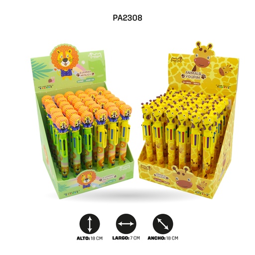 [PA2308] BOLIGRAFO DE JIRAFA Y LEÓN, MINA DE 6 COLORES HJ-9933/933 LEON-GIRAFA DISPLEY X 36 [PAC4577]