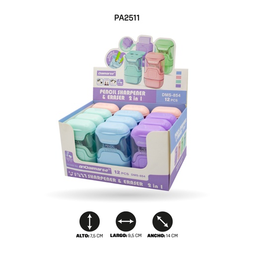 [PA2511] SACAPUNTAS DOBLE CON BORRADOR COLOR PASTEL DISPLAY X24 UNDSDMS-854 [PAC4872]