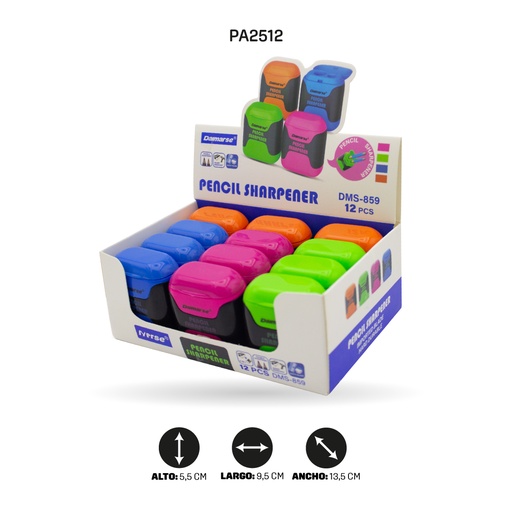 [PA2512] SACAPUNTAS DOBLE CON BORRADOR COLOR NEÓN DISPLAY X12 UND DMS-859 [PAC4873]